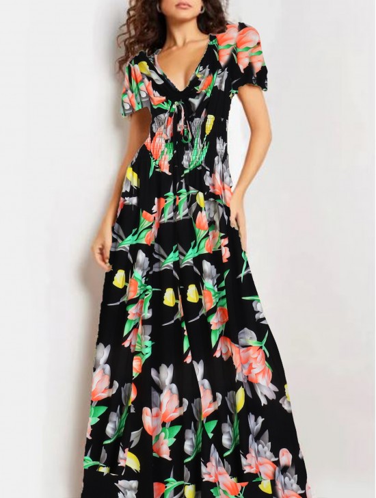 Floral V -Neck Short Sleeved Summer Dress